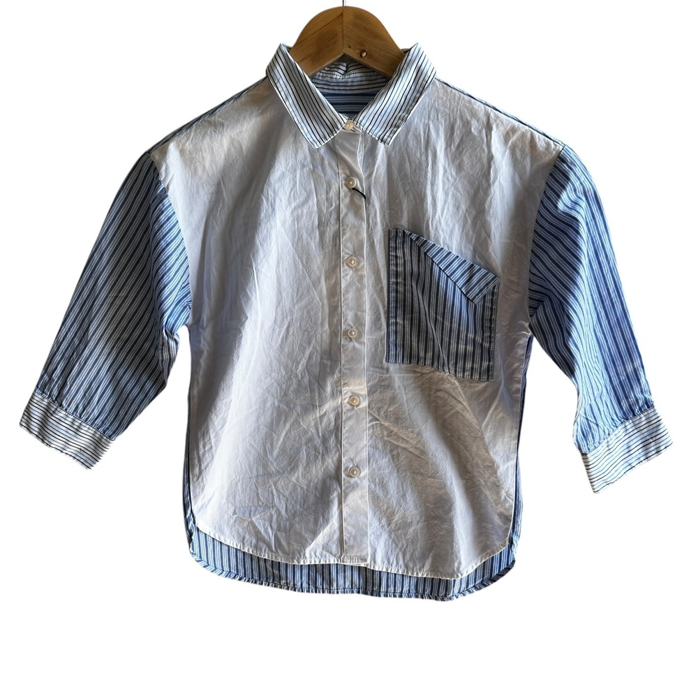 Zara Kids Button Down Shirt Blue/White Striped 3/4‎ Sleeve Classic Cotton NWT